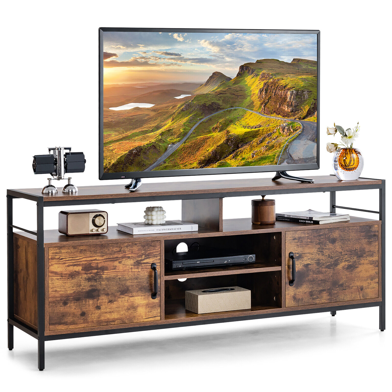 Industrial TV Stand For TVs Up To 65'' Media Center W/ Cabinets & Adjustable Shelf