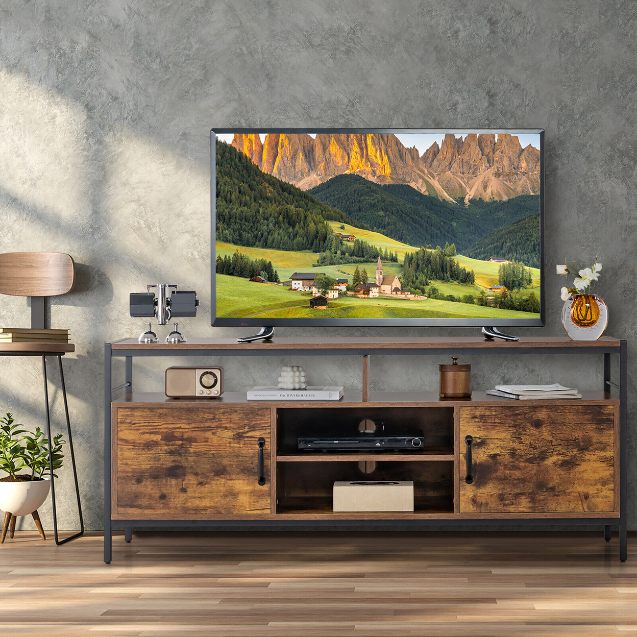 Industrial TV Stand For TVs Up To 65'' Media Center W/ Cabinets & Adjustable Shelf
