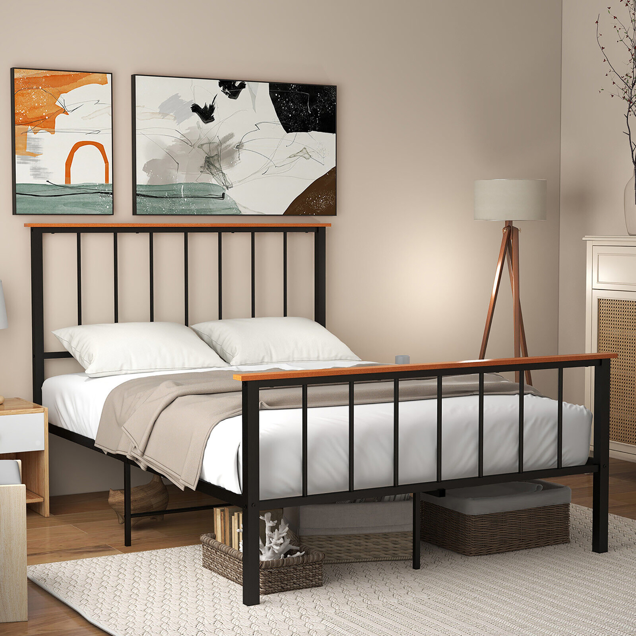Full/Queen Size Metal Platform Bed Frame Mattress Foundation With Headboard Industrial - Full