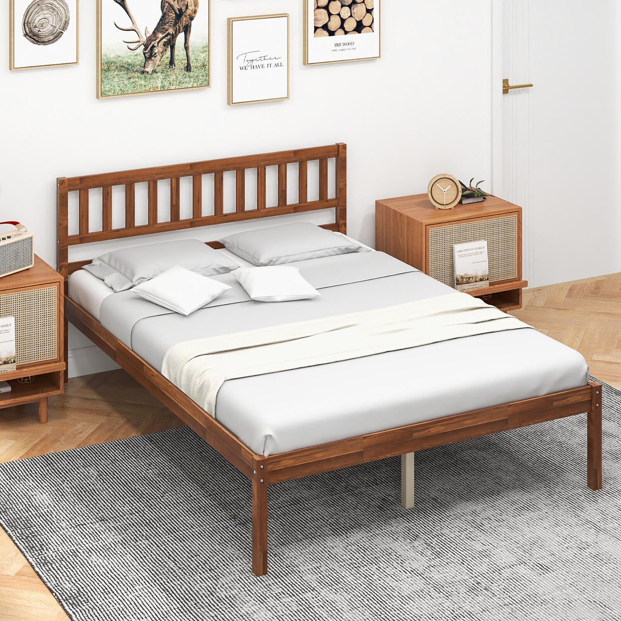 Twin/Full/Queen Platform Bed With Headboard Solid Wood Leg Mattress Foundation Walnut - Full