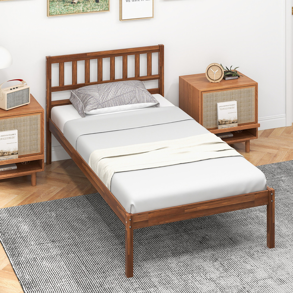 Twin/Full/Queen Platform Bed With Headboard Solid Wood Leg Mattress Foundation Walnut - Full