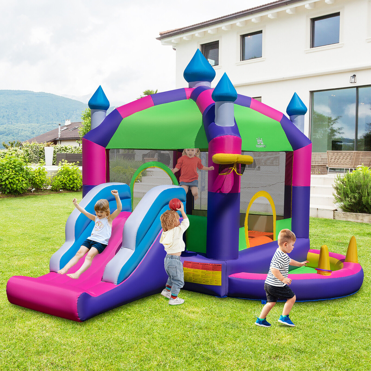 Inflatable Bounce Castle W/ Sun Roof 5-in-1 Jumping Bounce Castle Without Blower