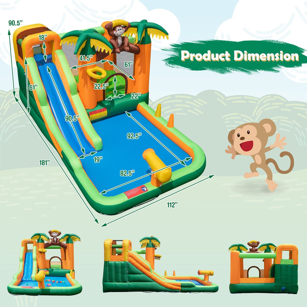 Inflatable Water Slide Park Monkey Bounce House Splash Pool Without Blower