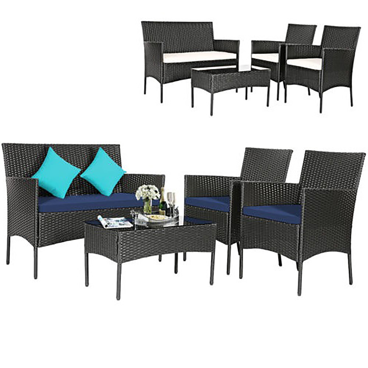 4PCS Outdoor Furniture Set Patio Rattan Conversation Set W/ Navy & Off White Cushion