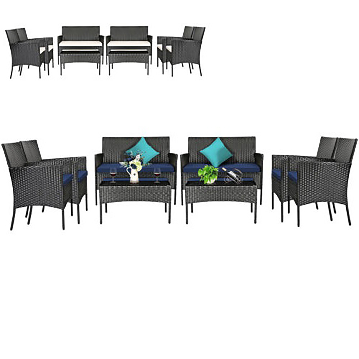 8PCS Outdoor Furniture Set Patio Rattan Conversation Set W/ Navy & Off White Cushion