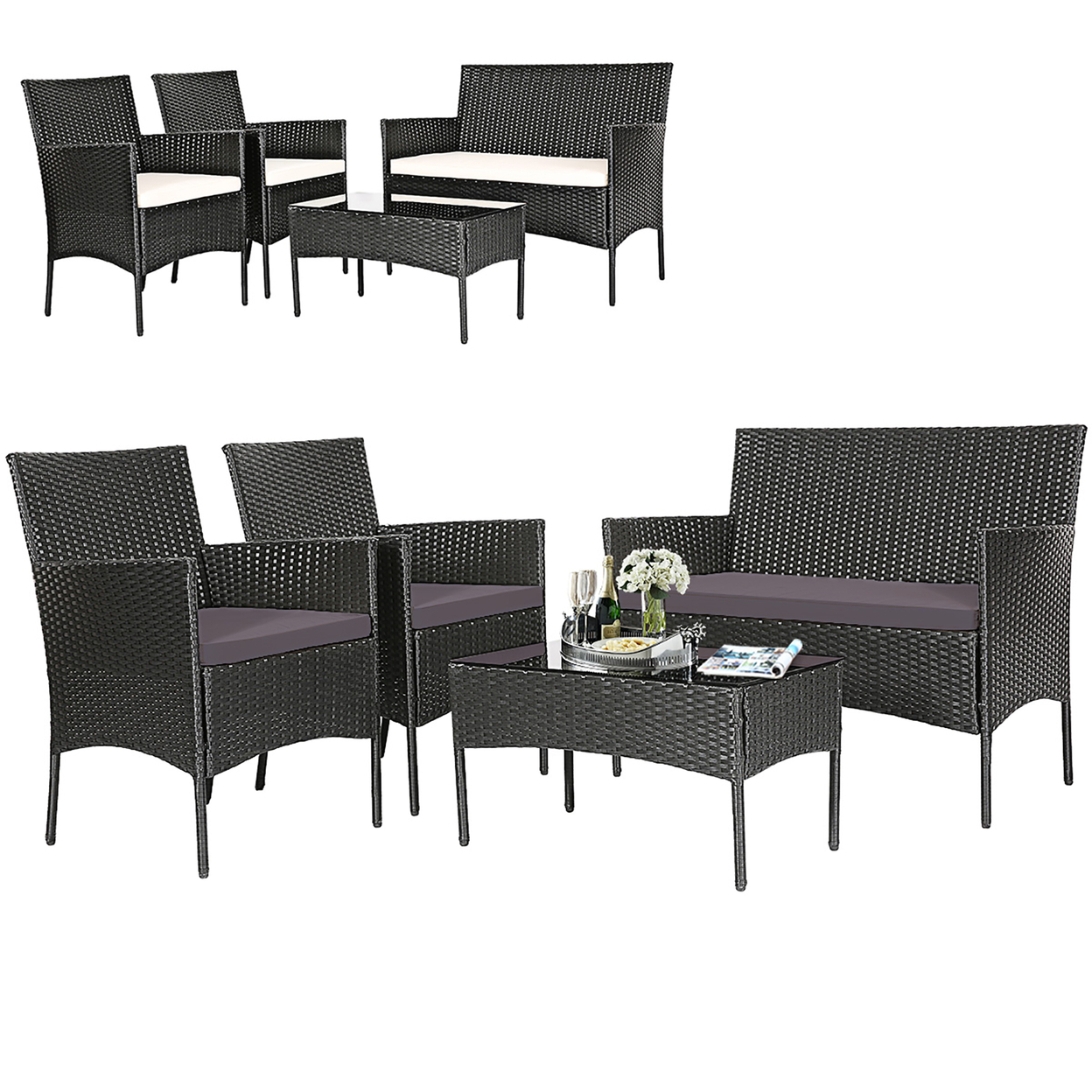 4PCS Outdoor Furniture Set Patio Rattan Conversation Set W/ Grey & Off White Cushion