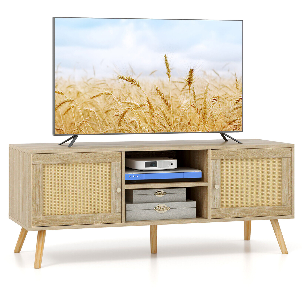Boho TV Stand PE Rattan Media Console Table W/ Cabinets & Open Shelves