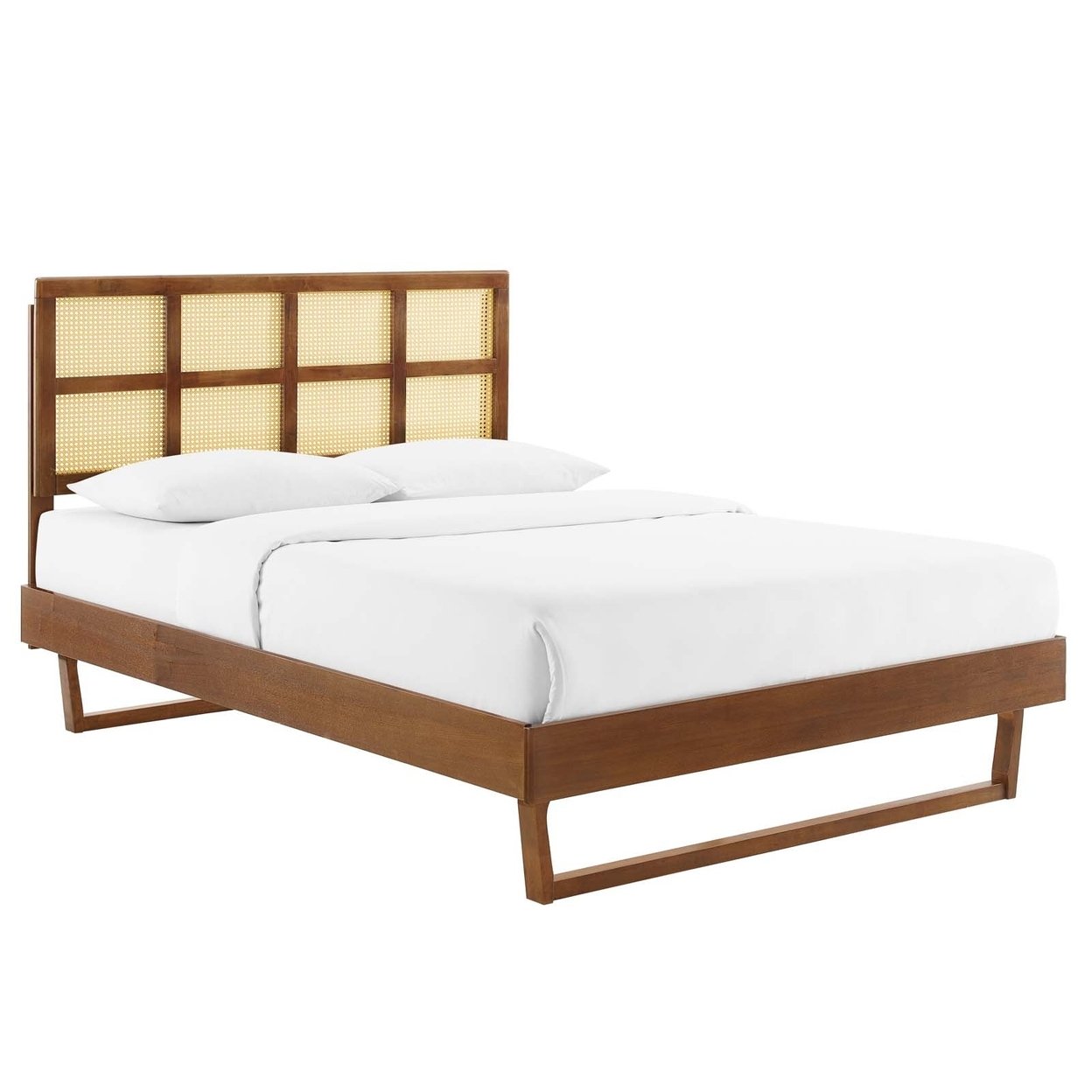 Sidney Cane And Wood Full Platform Bed With Angular Legs, Walnut