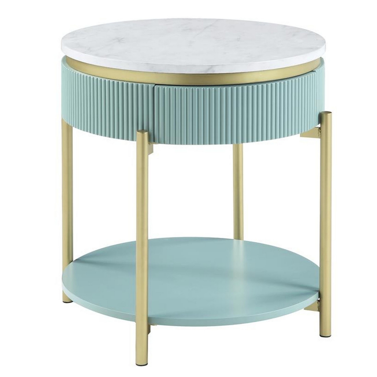 Ville 23 Inch Round Side End Table, White Faux Marble Top, Teal Reeded Edge- Saltoro Sherpi