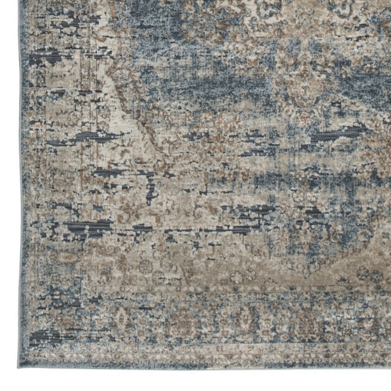 120 X 96 Inches Polypropylene Rug With Medallion Print, Blue And Beige- Saltoro Sherpi