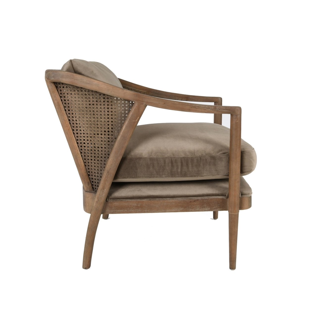 34 Inch Accent Armchair, Rattan Accented, Taupe Polyester Padded Cushions- Saltoro Sherpi