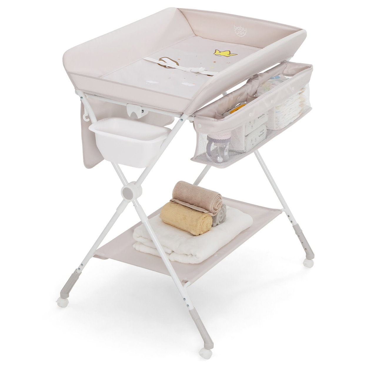 Foldable Baby Changing Table Infant Newborn Nursery Organizer W/ Water Basin - Beige