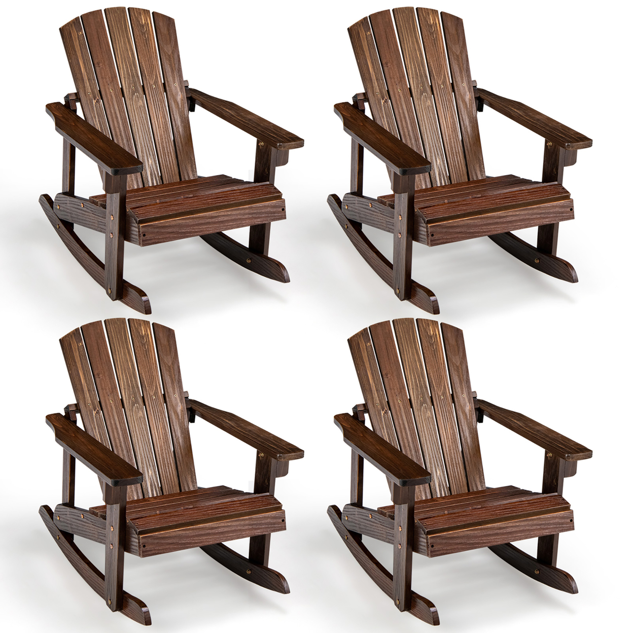 4PCS Kid Adirondack Rocking Chair Outdoor Solid Wood Slatted Seat Backrest - Coffee
