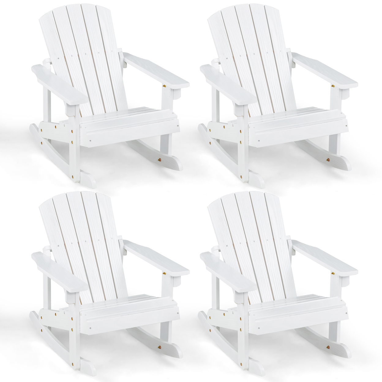 4PCS Kid Adirondack Rocking Chair Outdoor Solid Wood Slatted Seat Backrest - White