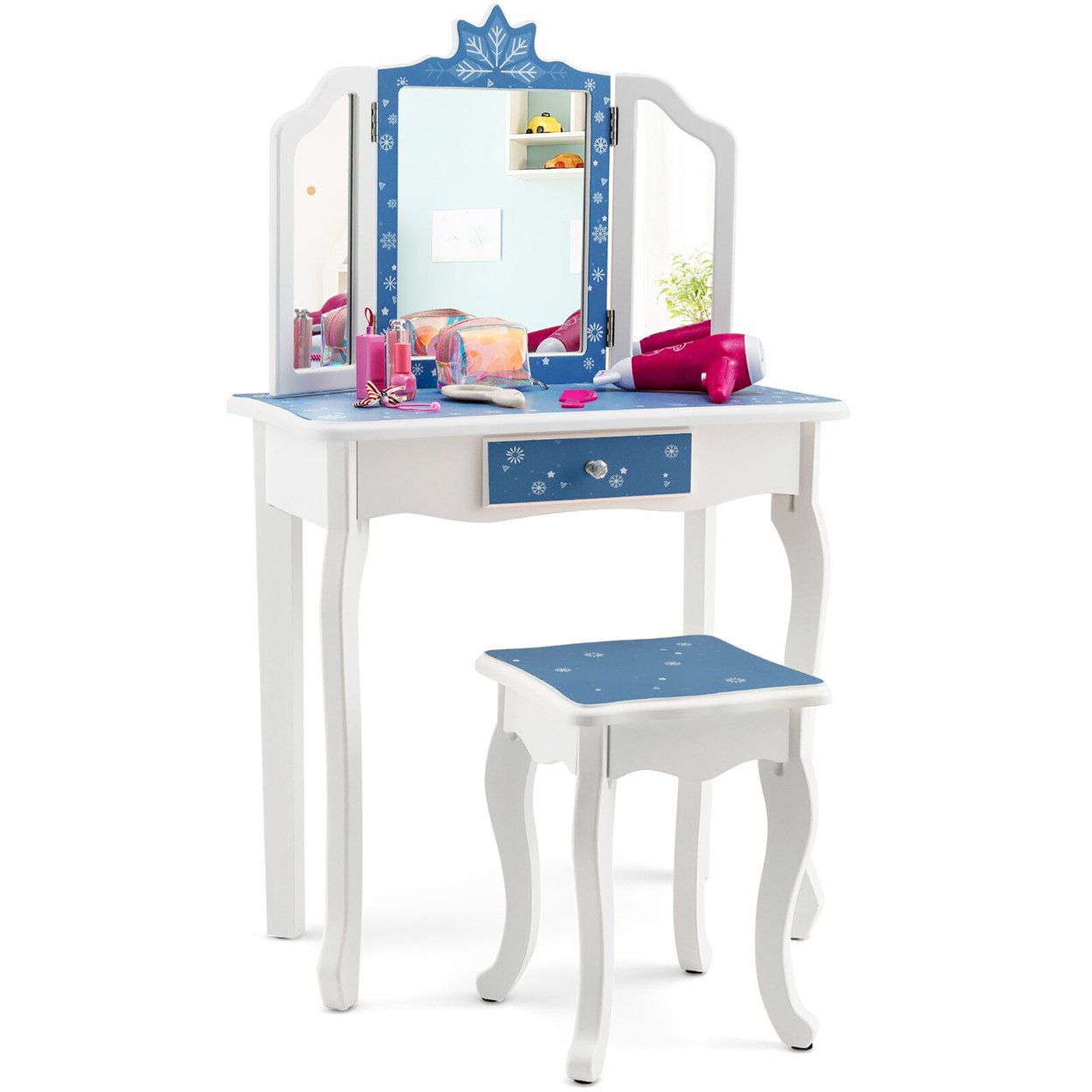 Kid Vanity Set Wooden Makeup Table Stool Tri-Folding Mirror Snowflake Print - Blue + White