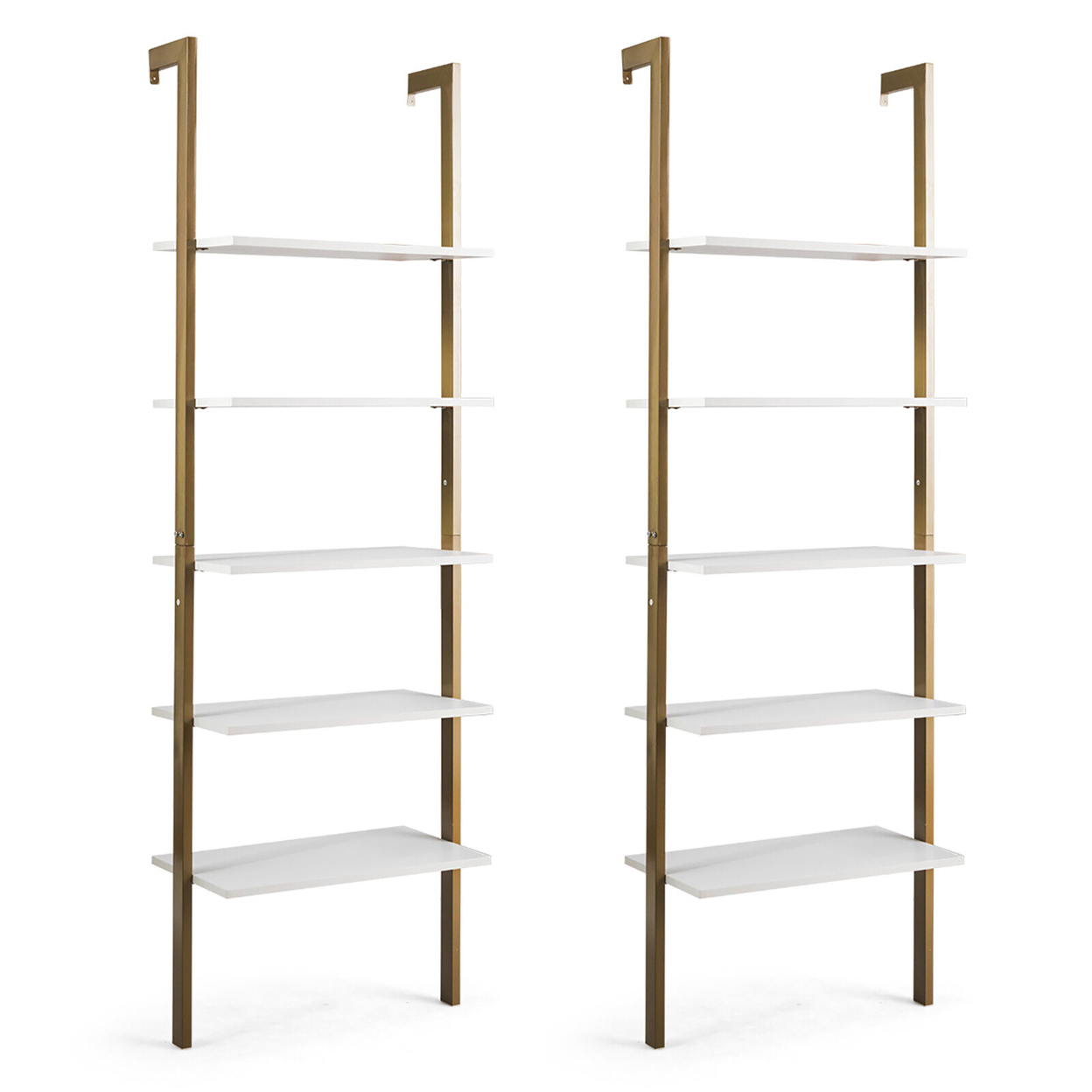 2PCS 5-Tier Ladder Shelf Wood Wall Mounted Display Bookshelf Metal Frame - White, Gold