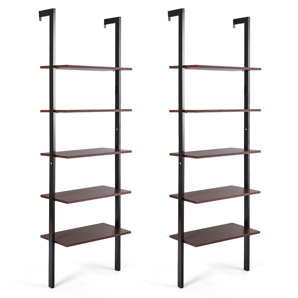 2PCS 5-Tier Ladder Shelf Wood Wall Mounted Display Bookshelf Metal Frame - Black, Brown