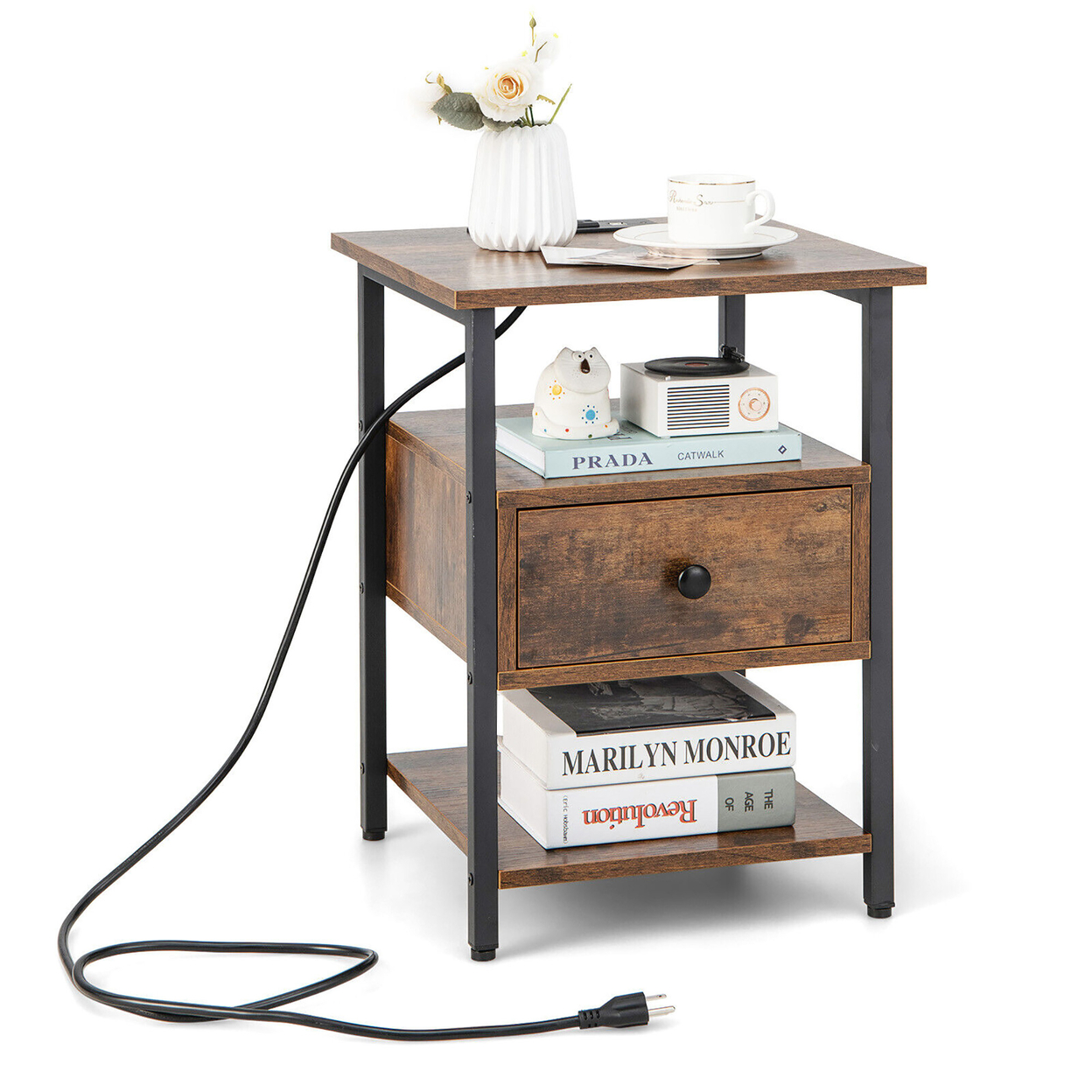 Nightstand Bedside Sofa End Table W/ Charging Station Open Shelves & Drawer