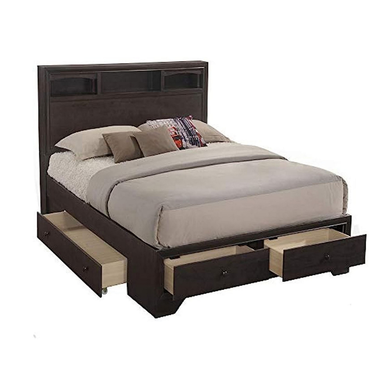 Queen Size Bed With 4 Storage Drawers, Bookcase Headboard, Walnut Brown- Saltoro Sherpi