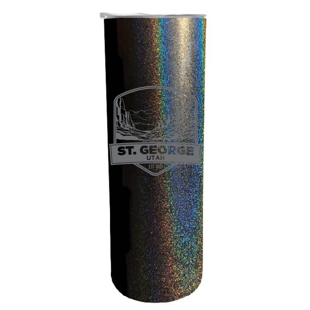 St. George Utah Souvenir 20 Oz Engraved Insulated Stainless Steel Skinny Tumbler - Black Glitter,,Single Unit