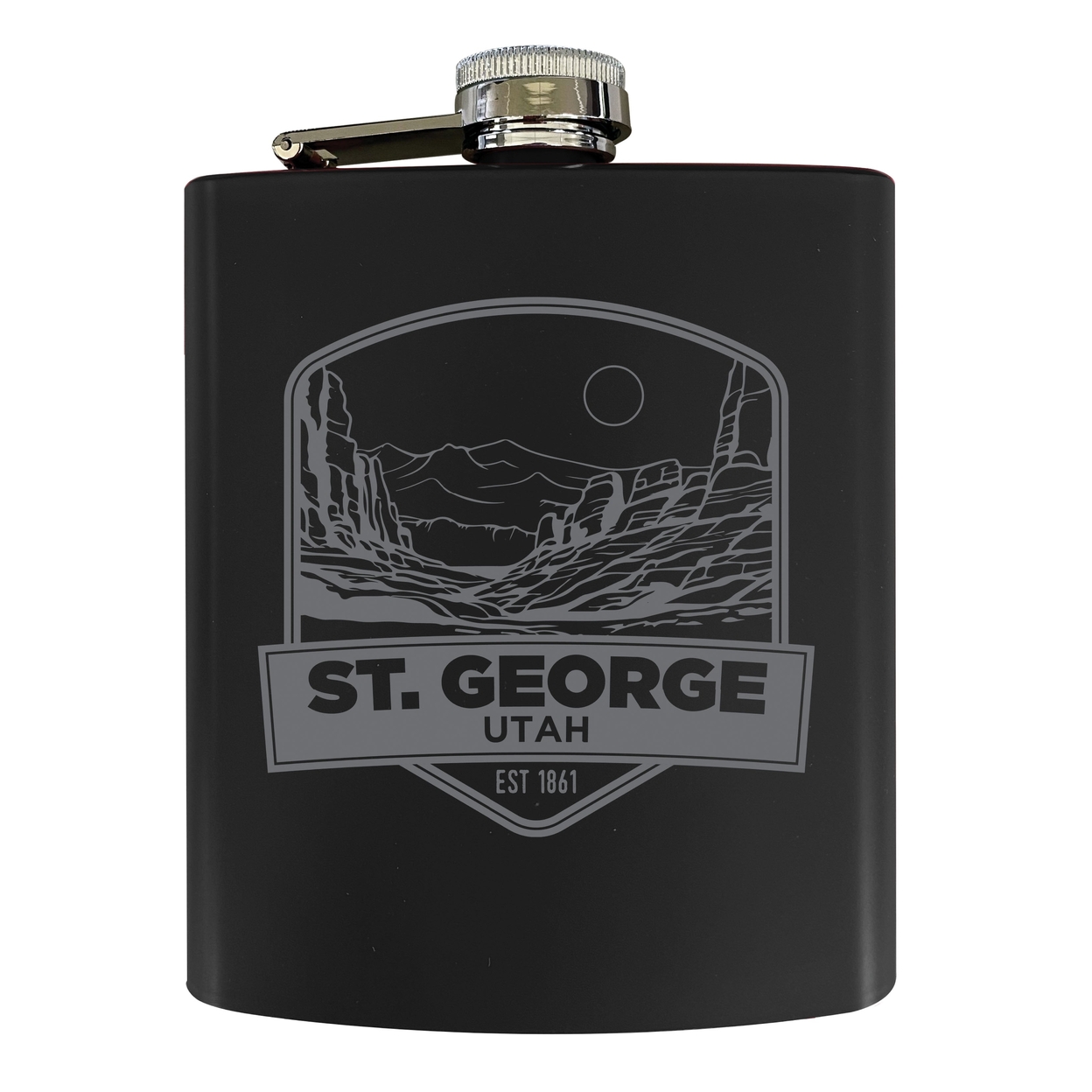 St. George Utah Souvenir 7 Oz Engraved Steel Flask Matte Finish - Black,,Single Unit