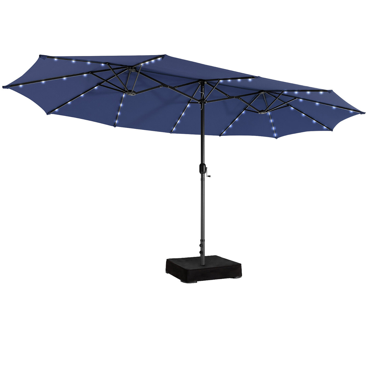 Outdoor 15' Double-Sided Patio Umbrella 48 Solar LED Lights Crank & Base - Navy