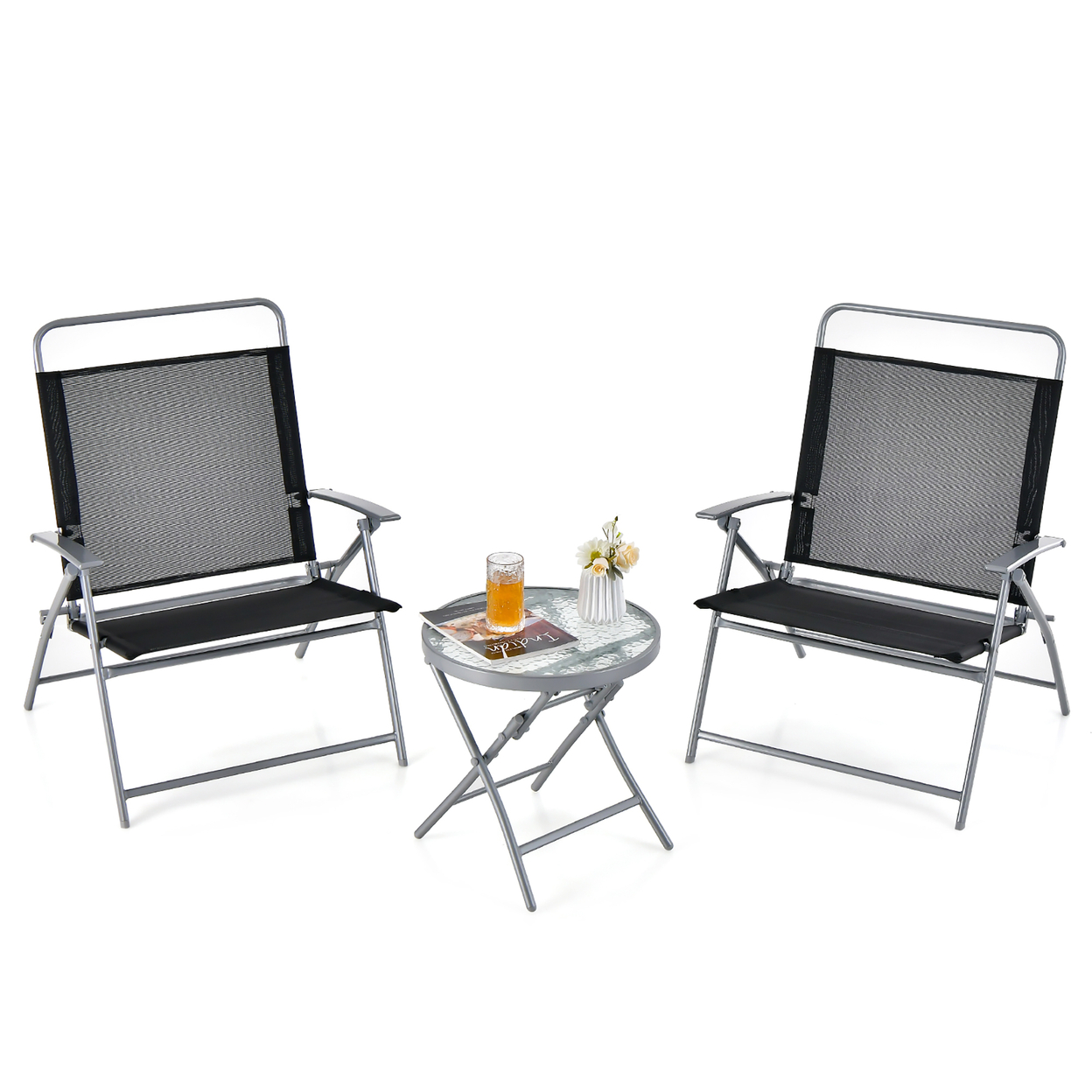 3 Piece Patio Folding Chair Set W/ Coffee Table & Extra-Large Seat Porch Backyard Poolside