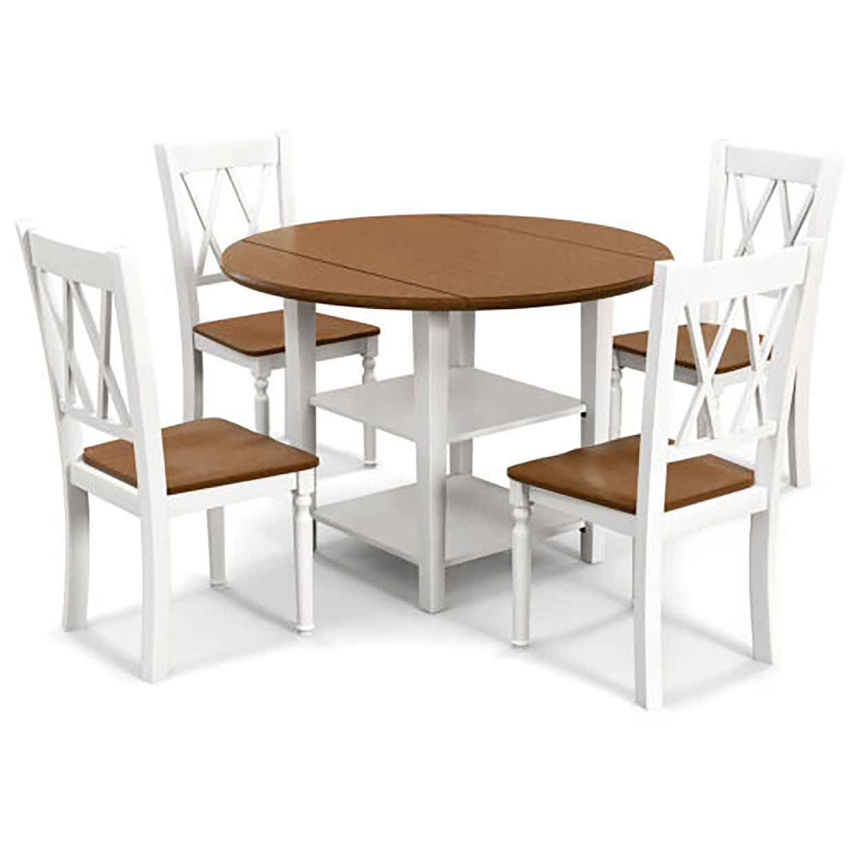 5 Piece Round Dining Kitchen Set W/ Drop Leaf Dining Table Folded & 4 Chairs