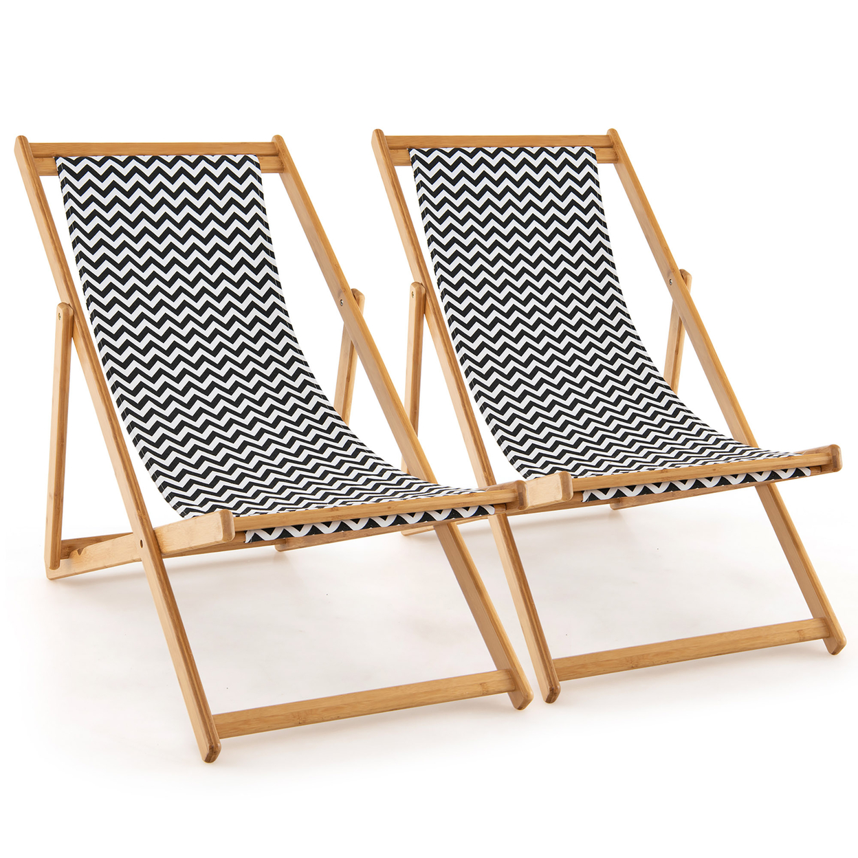 2pcs Foldable Patio Sling Chair W/ Solid Bamboo Frame & Breathable Canvas Seat Beach, Garden, Patio