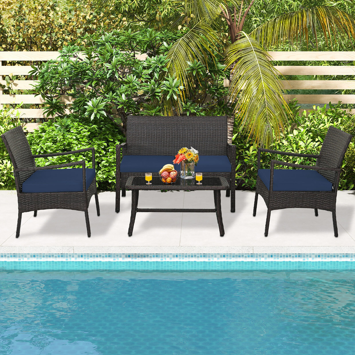 4 Pieces Outdoor Patio PE Wicker Sofa W/ Tempered Glass Coffee Table For Porch & Backyard