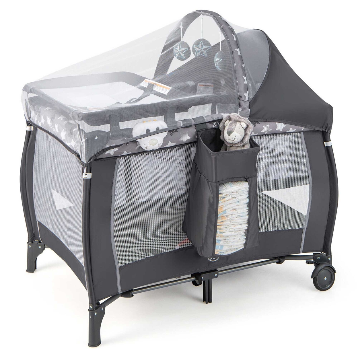 4-in-1 Portable Baby Playard Nursery Center Bassinet W/ Music Box Canopy & Net