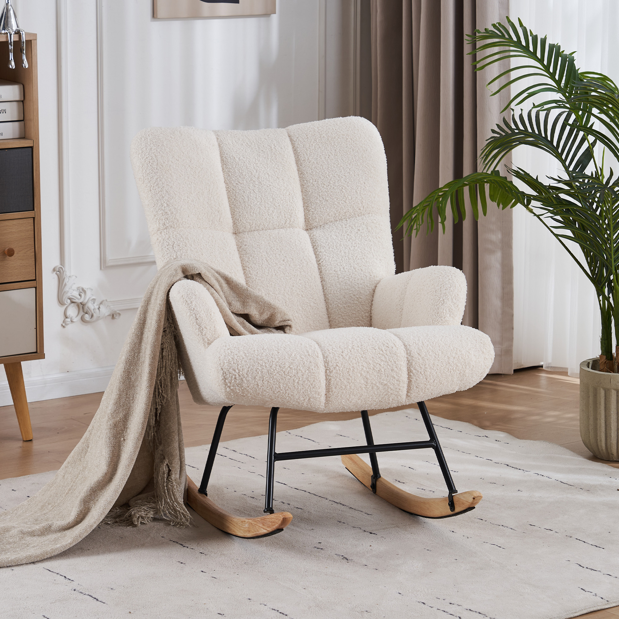 Teddy Velvet Rocking Accent Chair, Uplostered Glider Rocker Armchair For Nursery, Comfy Wingback Armchair - White