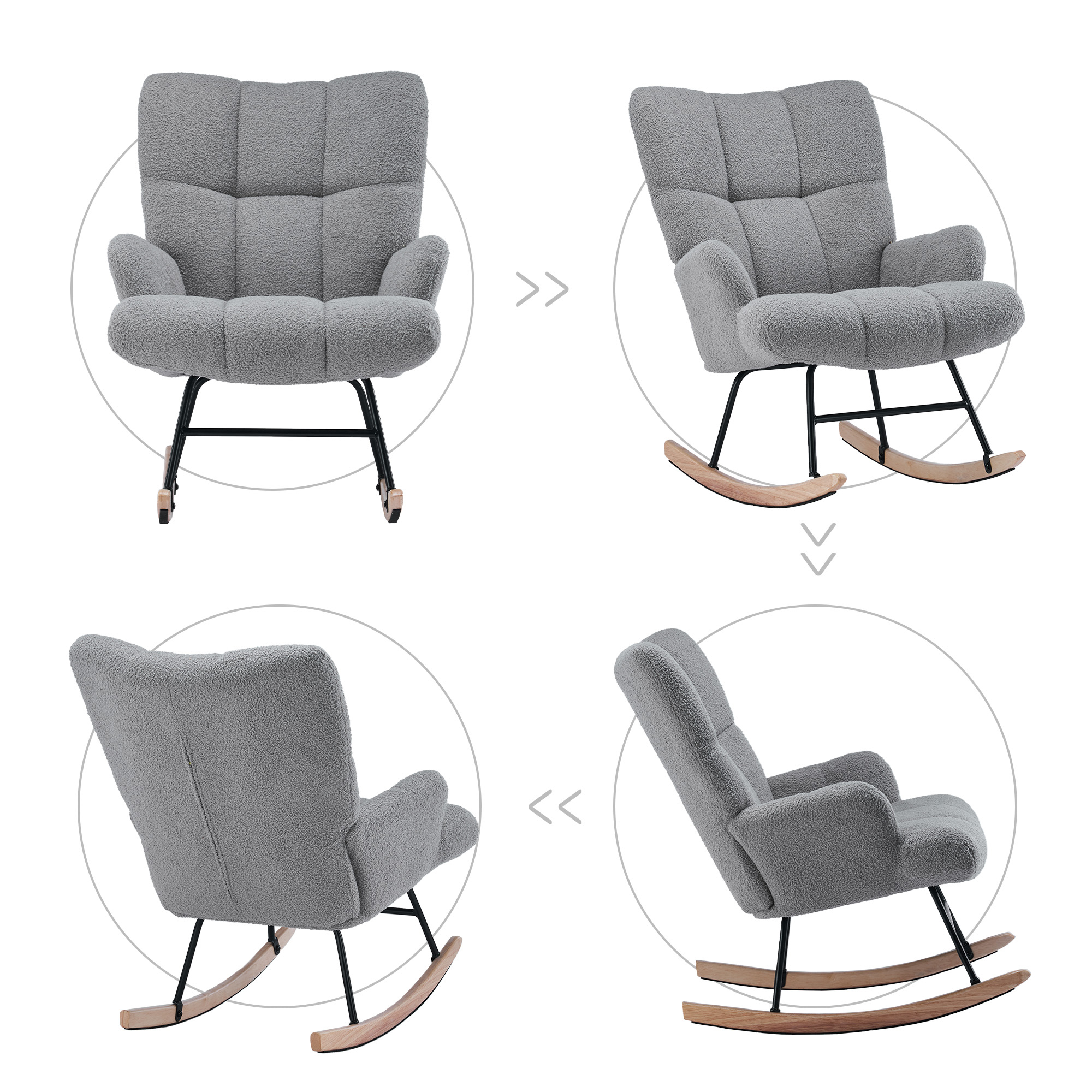 Teddy Velvet Rocking Accent Chair, Uplostered Glider Rocker Armchair For Nursery, Comfy Wingback Armchair - Light Gray