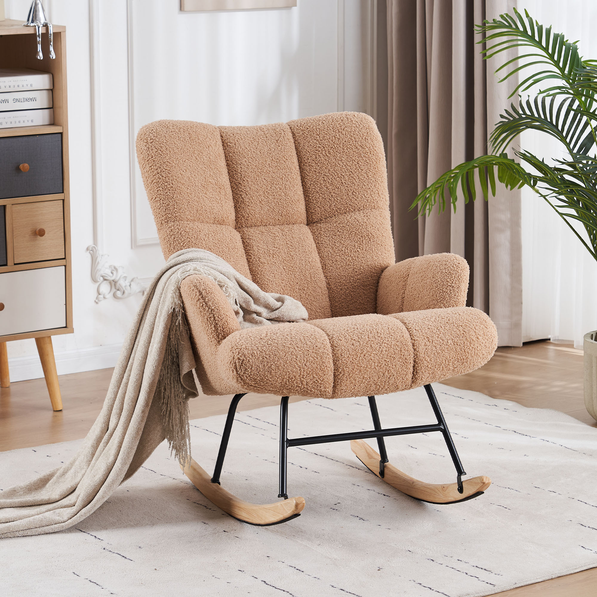 Teddy Velvet Rocking Accent Chair, Uplostered Glider Rocker Armchair For Nursery, Comfy Wingback Armchair - Pale Brown