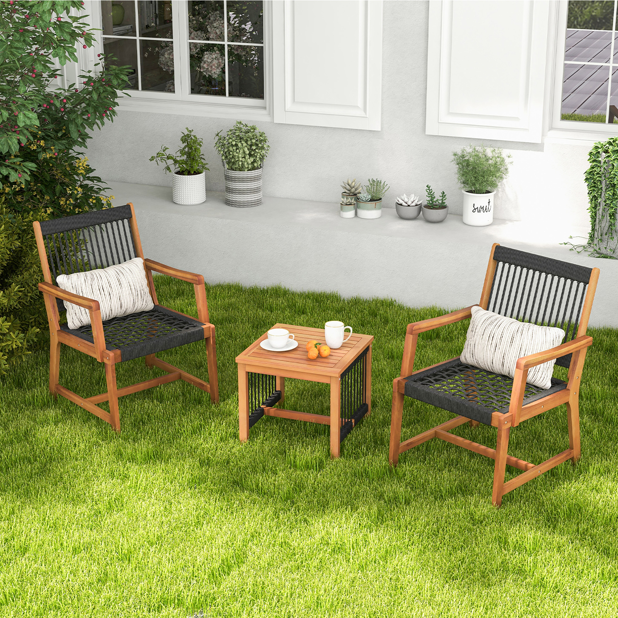 3 PCS Solid Acacia Wood Patio Set All-Weather Rope Woven Chair Garden Poolside