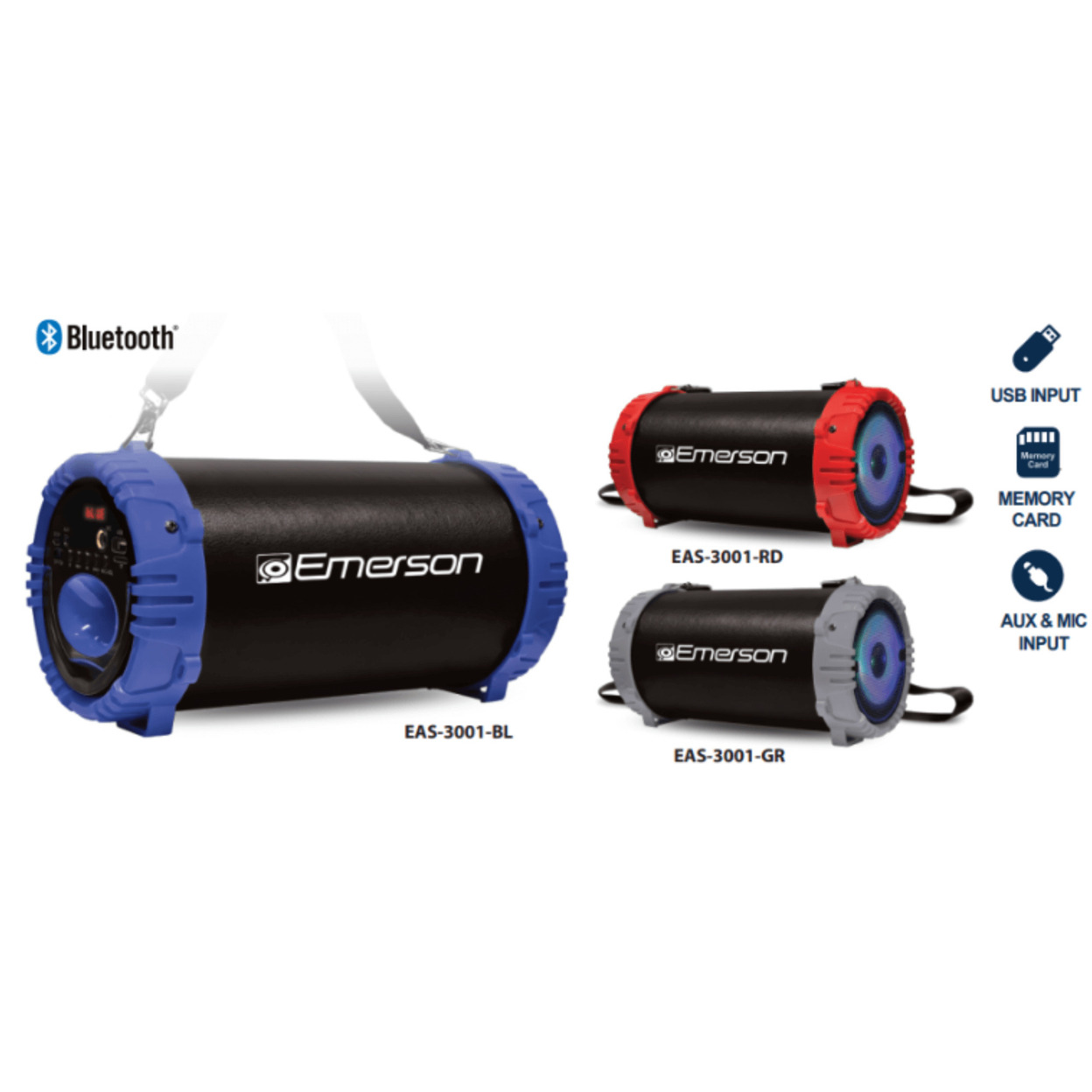 Emerson Portable Bluetooth Speaker With LED Lighting And Carrying Strap - Blue