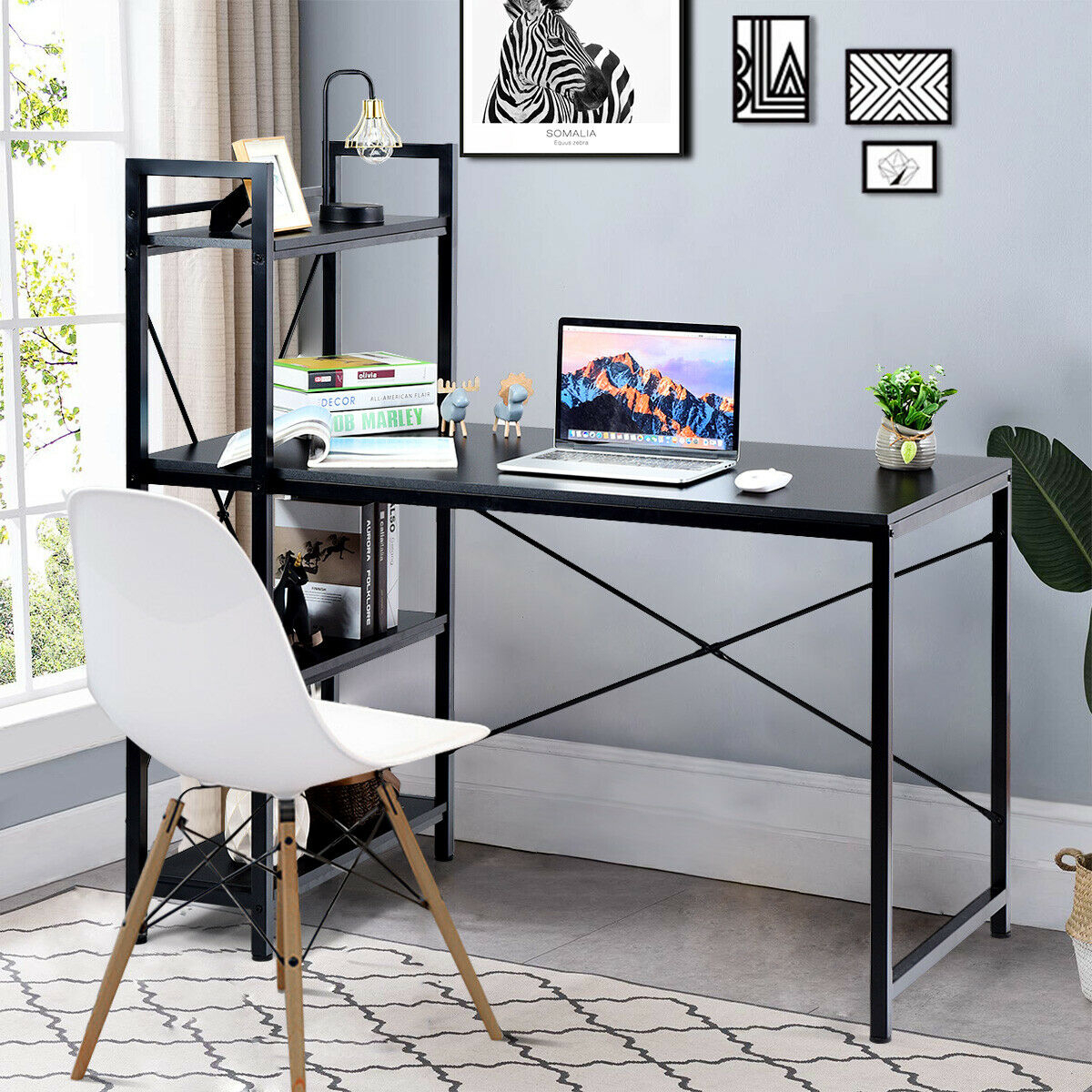 47.5'' Computer Desk Writing Desk Study Table Workstation With 4 Tier Shelves