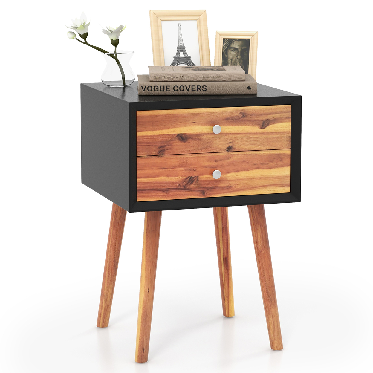 Wooden Nightstand Mid-Century End Side Table Living Room W/2 Storage Drawers