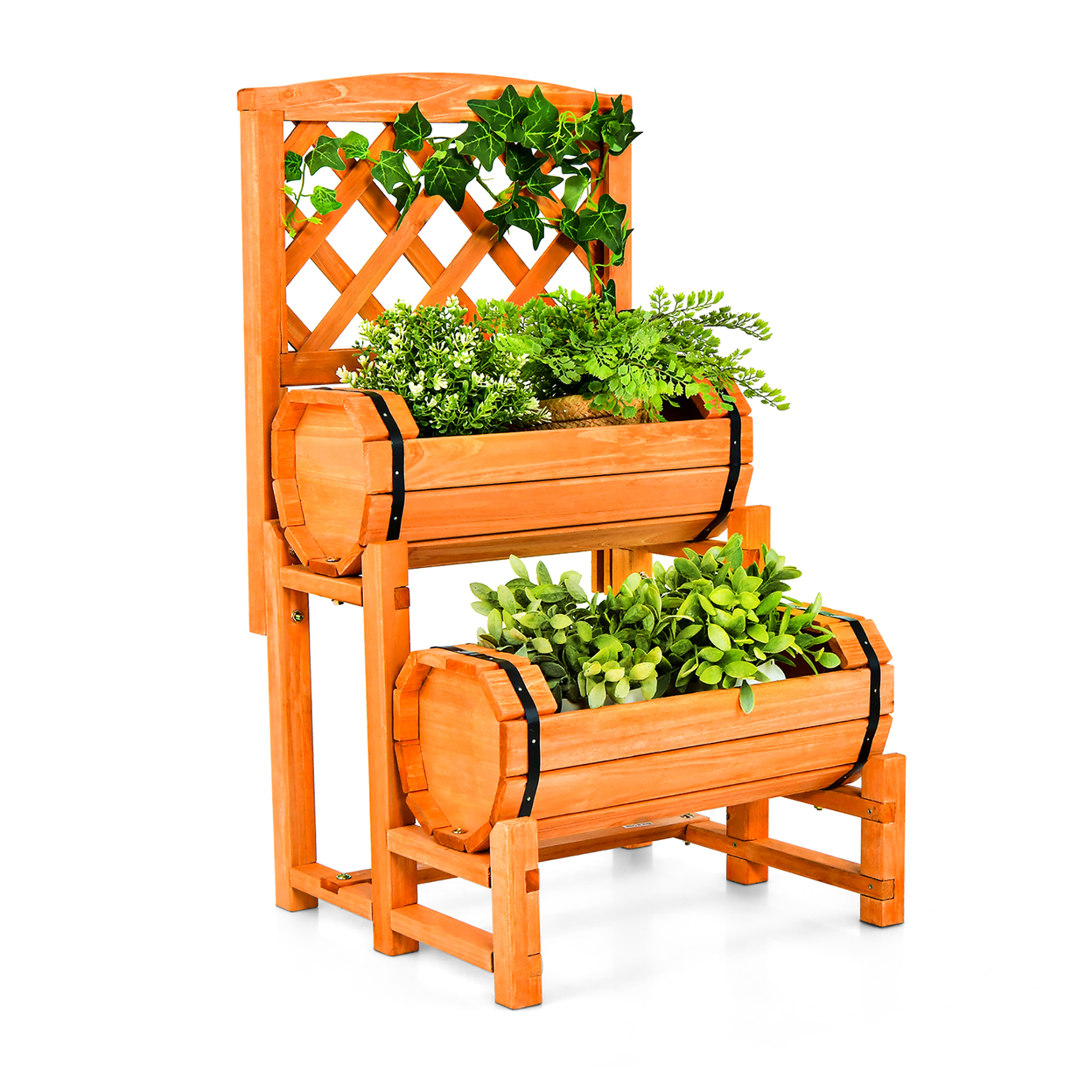 2-Tier Wooden Raised Garden Bed Container W/2 Cylindrical Planter Boxes & Trellis