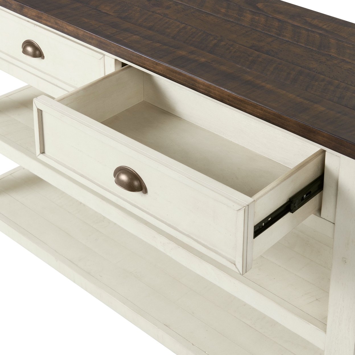 Fiya 50 Inch Coastal Sofa Console Table, 2 Drawers, 2 Shelves, Brown, White- Saltoro Sherpi