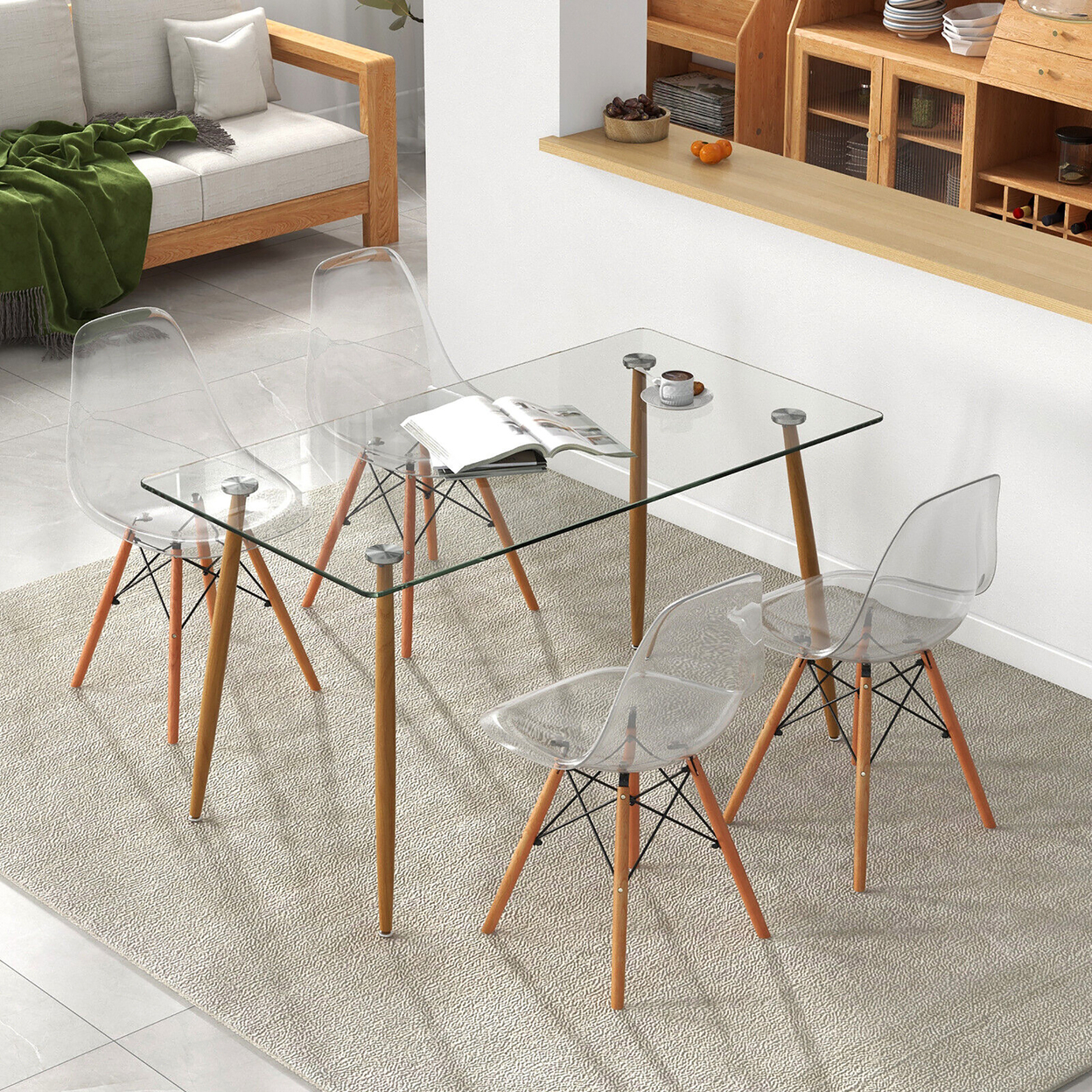 Modern 5-Piece Dining Table Set W/ Rectangle Glass Table & 4 Transparent Chairs