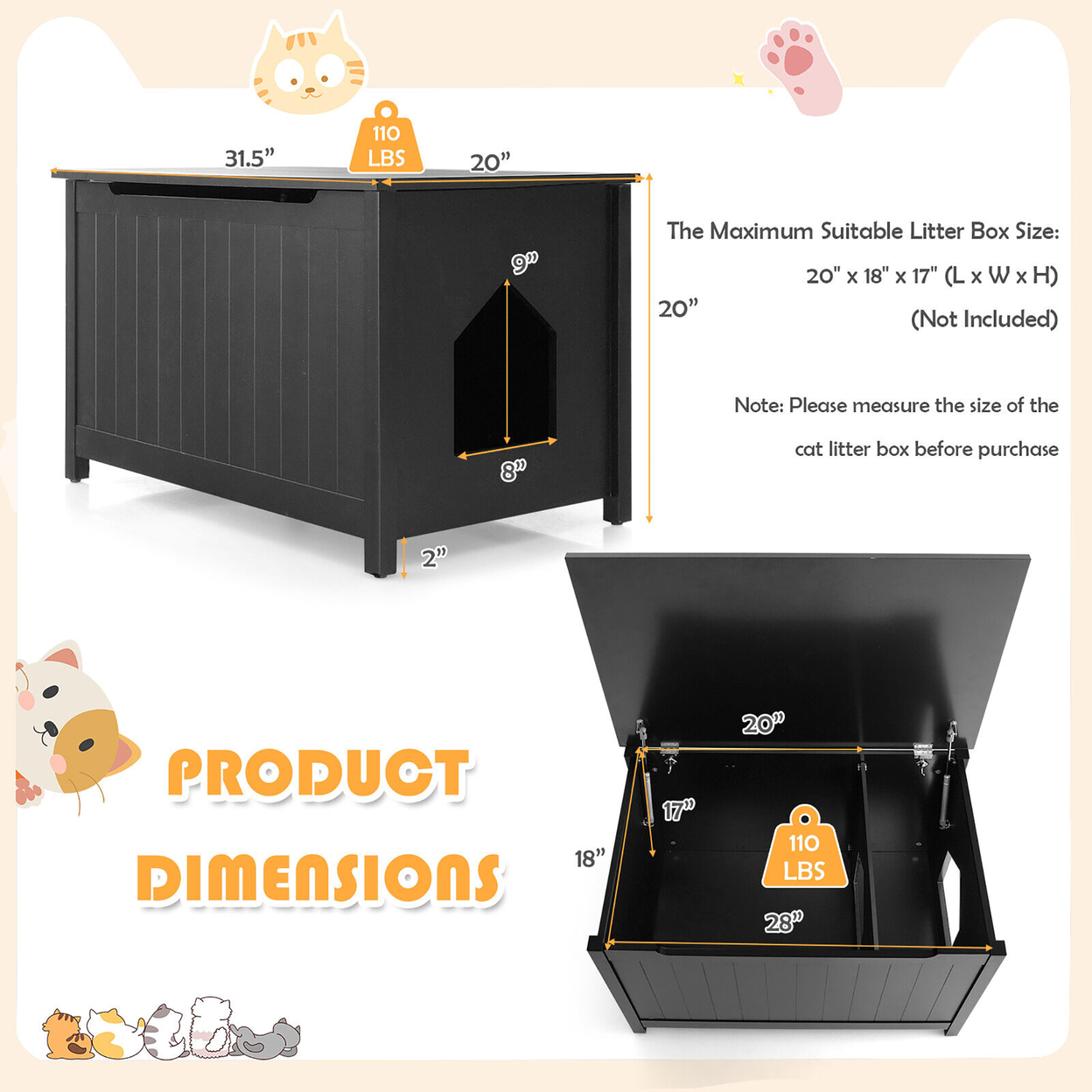 Wooden Cat Litter Box Enclosure W/ Top Opening Side Table Furniture Black