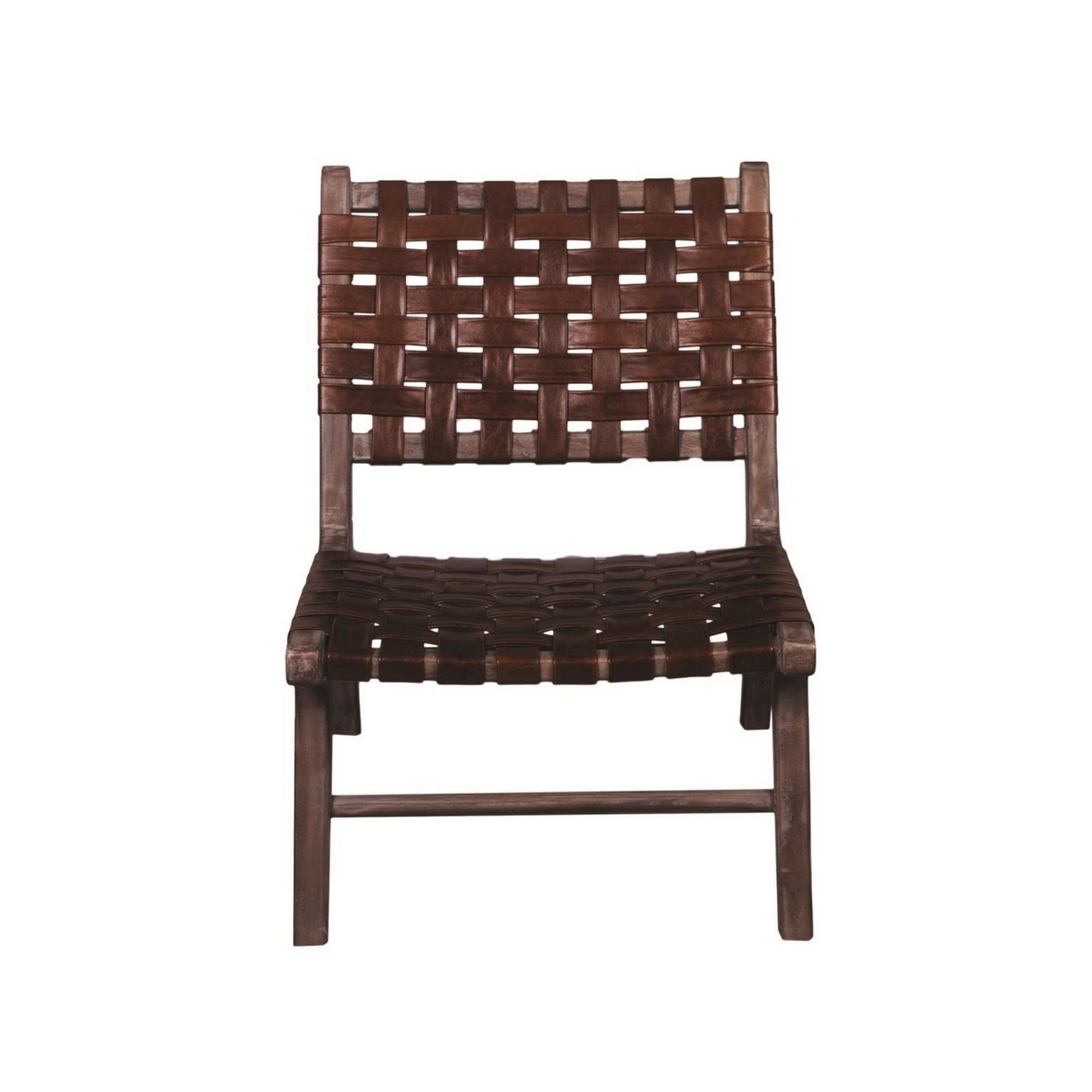29 Inch Armless Accent Chair, Woven Top Grain Leather Strips, Coffee Brown- Saltoro Sherpi