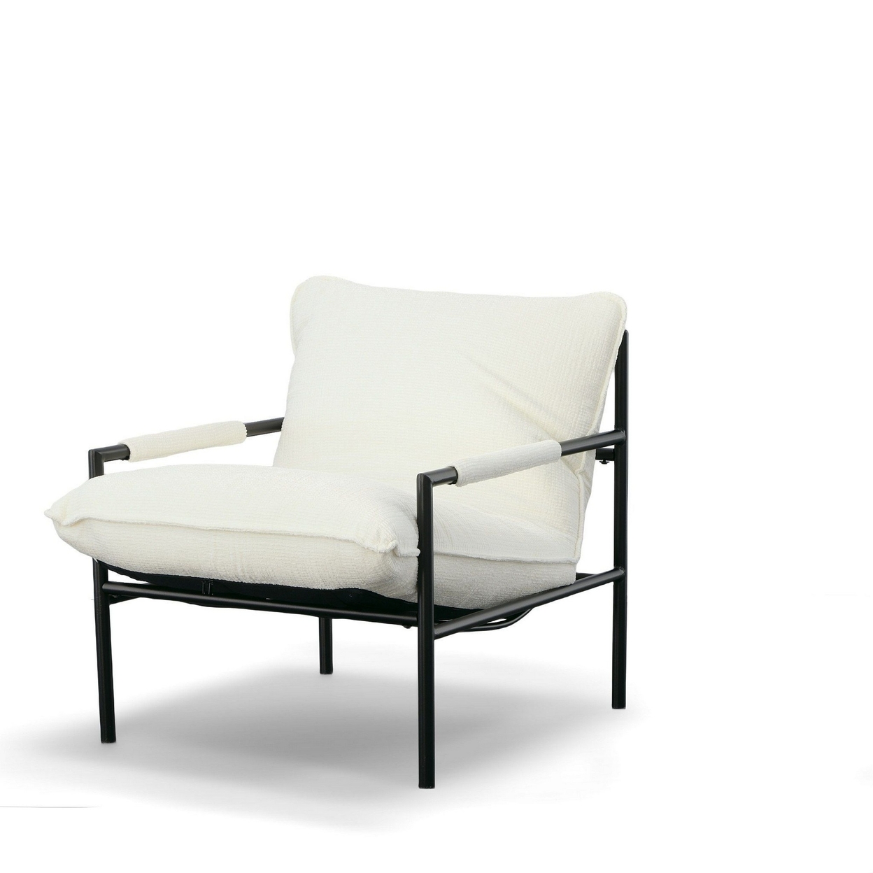 27 Inch Accent Chair, White Fabric, Black Metal Frame, Cushioned Seat - Saltoro Sherpi