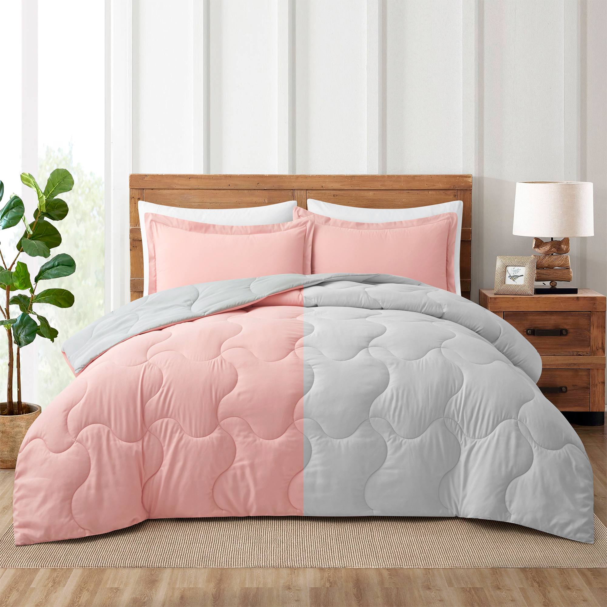 Elegant Comfort Premium Quality Lightweight Reversible Down Alternative 2-Piece Comforter Set, Pink&Light Gray, Twin