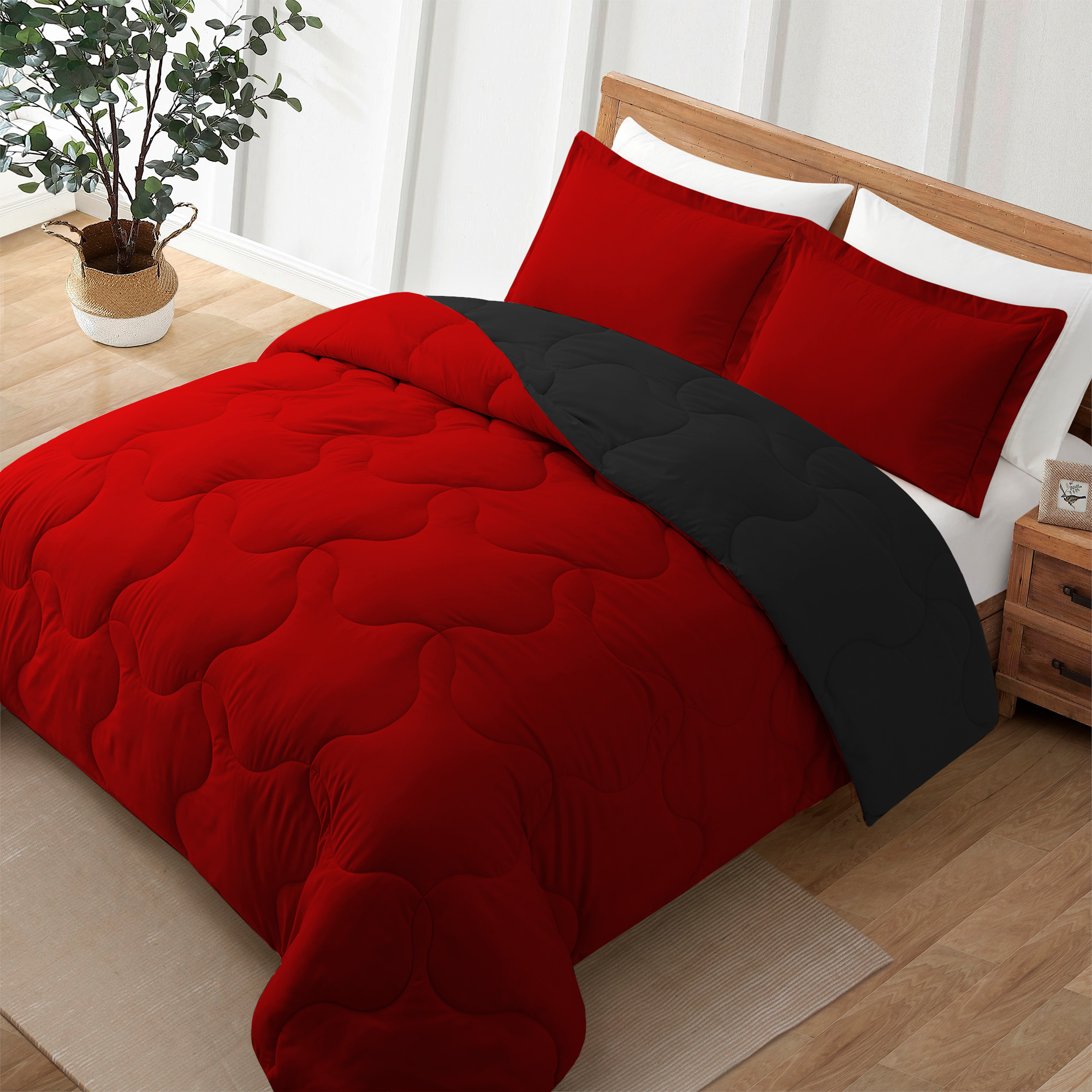 Reversible Superior Soft Comforter Sets, Down Alternative Comforter, Black&Red, King