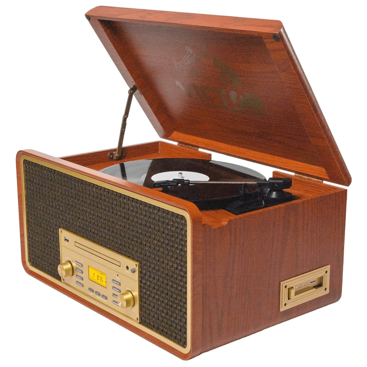 Victor Monument 8-in-1 Wood Music Center With 3-Speed Turntable & Dual Bluetooth - Mahogany
