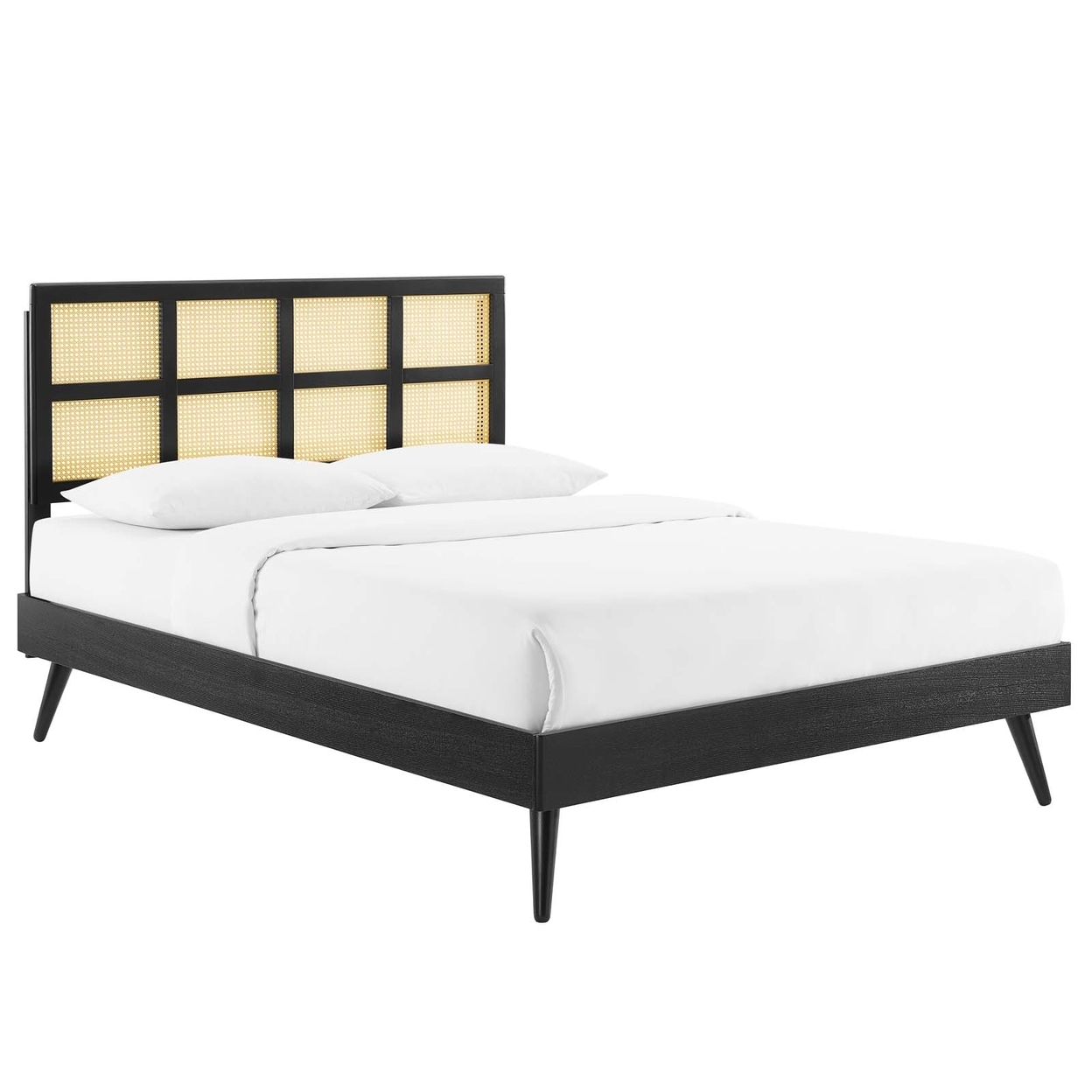 Sidney Cane And Wood Queen Platform Bed With Splayed Legs, Black