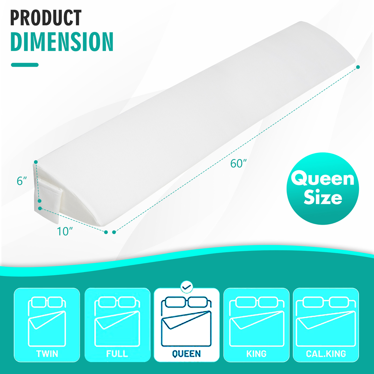 Queen Size Bed Wedge Pillow With Side Pocket Bed Gap Filler 60'' X 10'' X 6'' White
