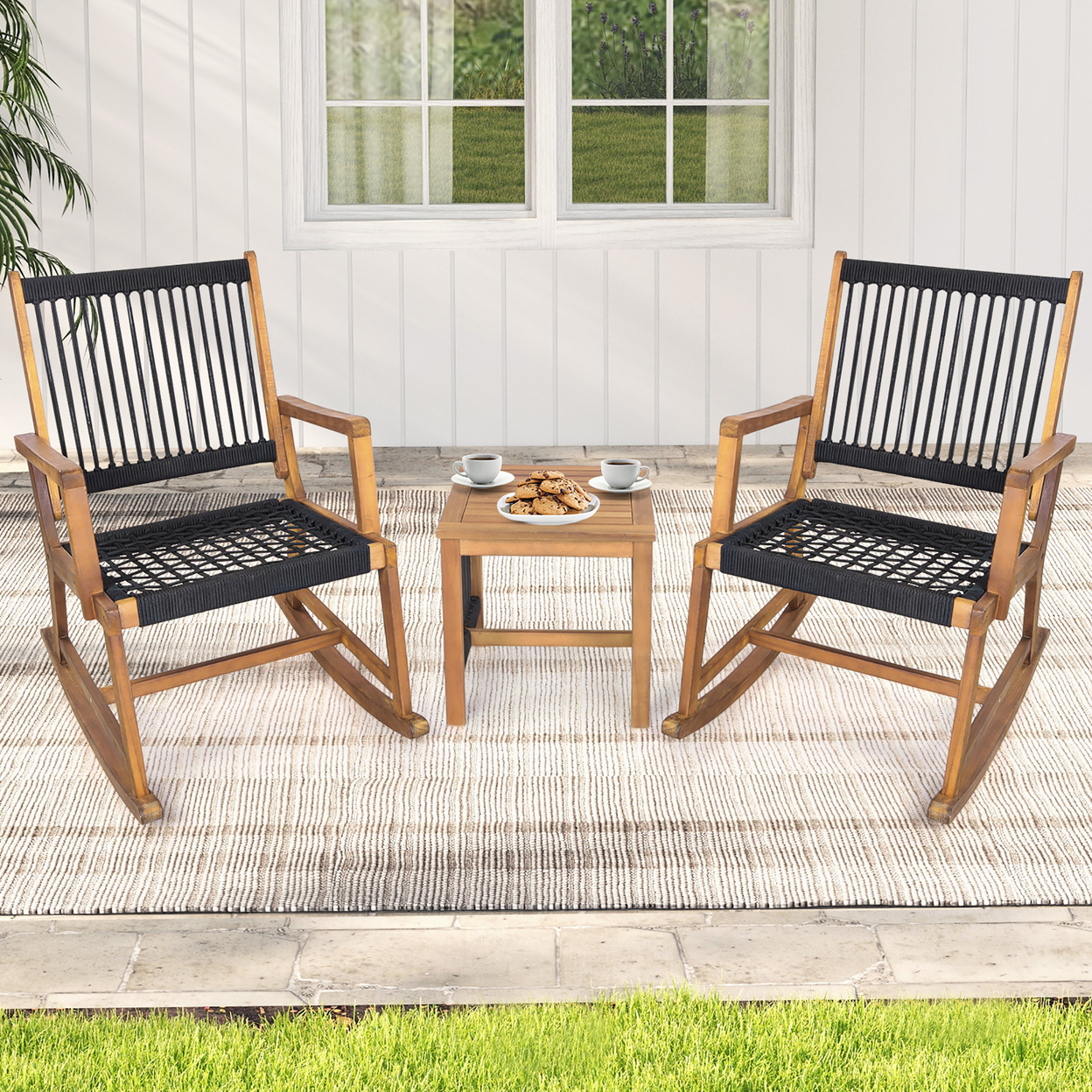 3 Piece Acacia Wood Rocking Chair Set W/ Coffee Table & All-Weather Rope Patio Poolside